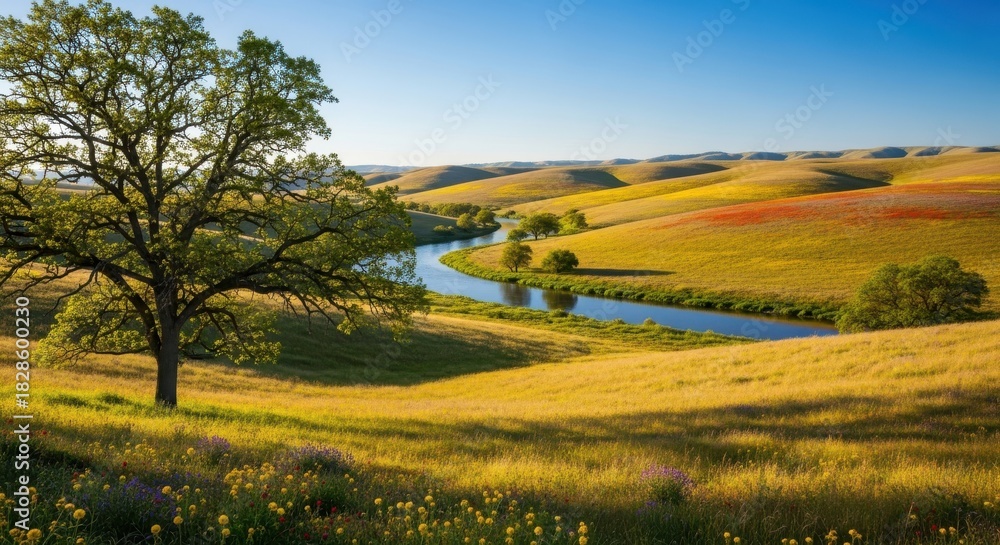 Naklejka premium Scenic view of the flint hills in kansas with a winding river and tree