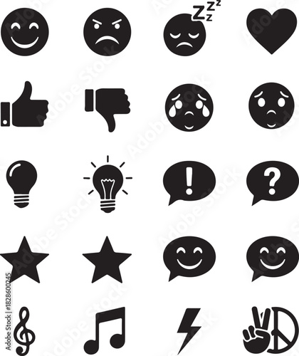 Collection of communication and idea icons including smiles thumbs up hearts stars lights speech bubbles and peace signs in silhouette