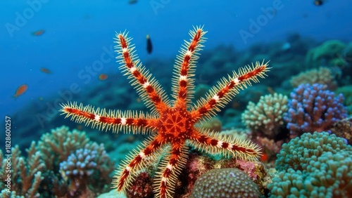 Fototapeta Naklejka Na Ścianę i Meble -  A vibrant starfish with orange and white stripes on a coral reef with colorful corals and fish.