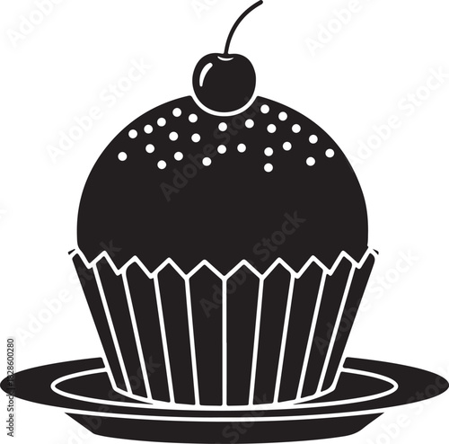 Delicious sweet cupcake silhouette illustration with frosting sprinkles and cherry on top sitting on serving plate black vector graphic