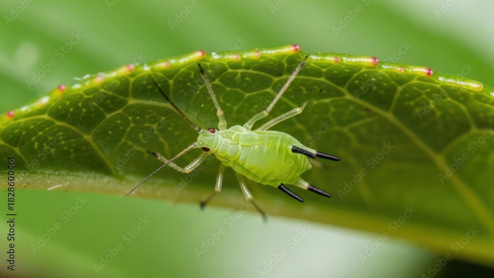 Fototapeta premium A green aphid on a leaf with a blurred green background.