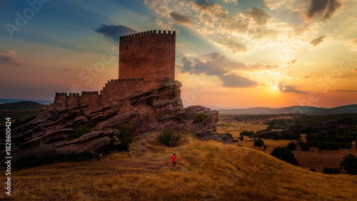 Foto The figure wearing a red shirt at Zafra Castle is a 12th-century castle located in the Spanish municipality of Campillo de Dueñas, in the province of Guadalajara