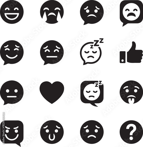 Large set of various expression black emoticons and emoji icons for social media chat or communication interface
