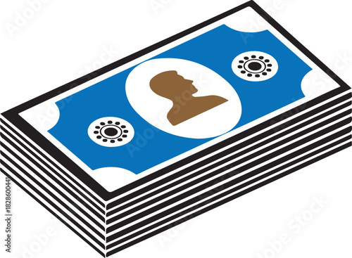 Large isometric stack of fictional paper currency or dollar bills with blue note on top showing abstract portrait for financial concepts