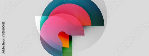 Abstract composition features overlapping translucent circles. Colors include pink, teal, orange, green, gray. Minimalist design, clean aesthetic.