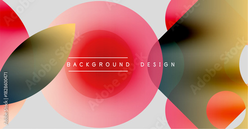 Abstract shapes overlap, creating vibrant color gradients. Modern design features soft pinks, reds, blues, gold tones. Minimalist aesthetic.