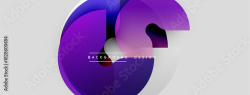 Abstract purple shapes overlap, creating dynamic composition. Minimalist design with text element below central forms. Modern, clean aesthetic.