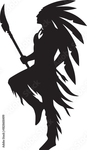 A silhouette of a Native American warrior, poised and holding a spear, embodying strength and cultural heritage.