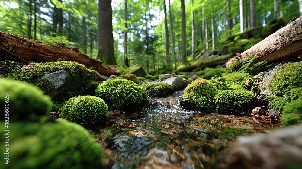 Obraz premium Forest Brook Serenity: A gentle brook meanders through a lush forest, with moss-covered stones and ancient trees, creating a serene and captivating scene. This image evokes tranquility.