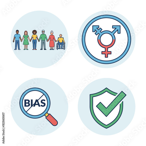 Diverse group of people holding hands, gender identity symbol, bias analysis, and protection symbol.