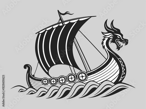 Black and white Viking longship with dragon figurehead and shields riding the ocean waves