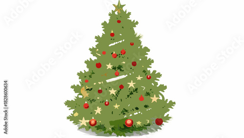 A festive green christmas tree adorned with red ornaments and golden stars ready to bring holiday cheer