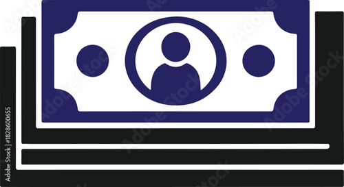 Simple graphic of wallet holding fictional blue banknote with abstract person icon symbolizing cash payments and personal finance