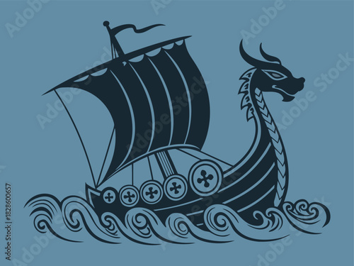 Black Viking ship with dragon figurehead and shields sailing across the ocean waves in dark blue tone