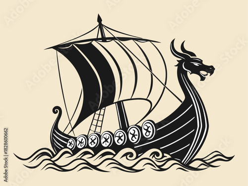 Norse Viking ship with dragon head and shields sailing through waves with traditional black and tan color scheme