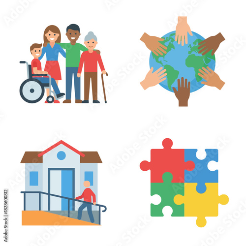 A set of flat icons representing diversity, inclusion, accessibility, and community support.
