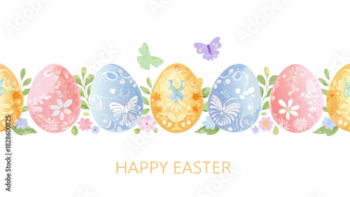 A row of beautifully decorated easter eggs in pastel colors with floral and butterfly motifs set against a white background with the words happy easter