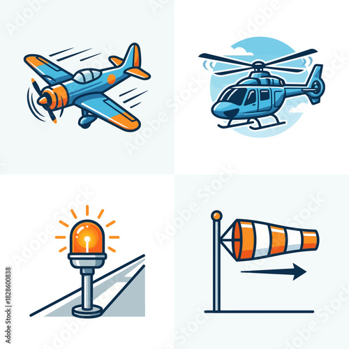 Cartoon aviation icons: airplane, helicopter, airport beacon, windsock.