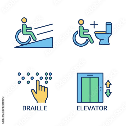 Collection of accessibility icons including a wheelchair ramp, accessible toilet, Braille, and an elevator.