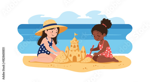 Two young girls building a sandcastle on a sunny beach, enjoying their summer vacation together.
