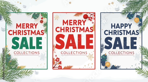 Vector Christmas sale poster flyer design with a flat design style, featuring a bold and vibrant background, incorporating festive elements such as snowflake