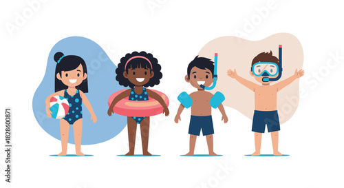Diverse children enjoying summer activities with swimsuits, floats, and snorkeling gear on a white background.