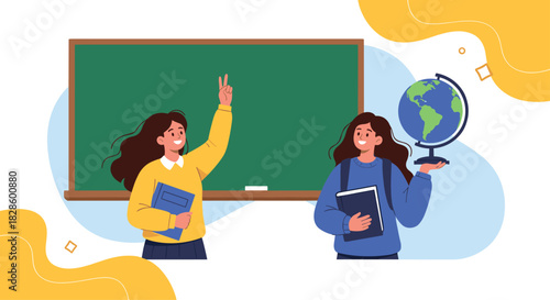 School students in classroom with blackboard and globe, learning concept.