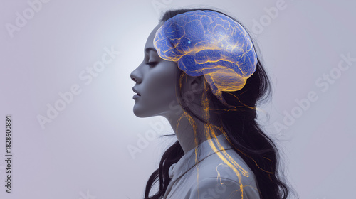 Double Exposure Woman with Brain Activity – Cognitive Functions, Stress, Confused Thoughts, Mental Health Concept