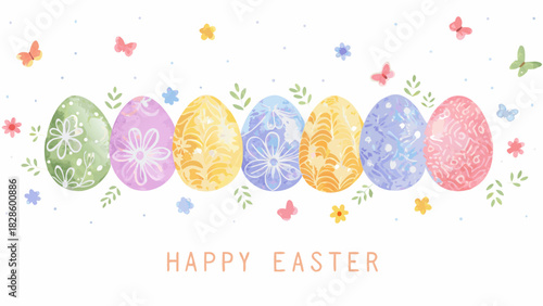 A row of beautifully decorated easter eggs in pastel colors with floral patterns and whimsical butterflies and flowers adorning the white background