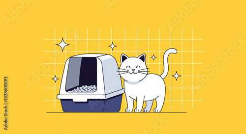 A cheerful white cat stands beside a clean, enclosed litter box, suggesting good hygiene and pet care practices.