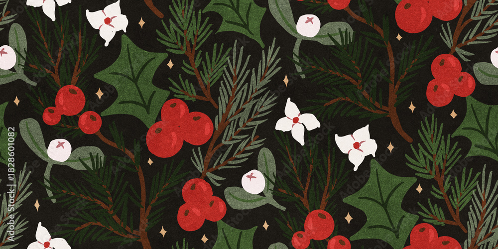 Fototapeta premium Christmas seamless pattern with red berries