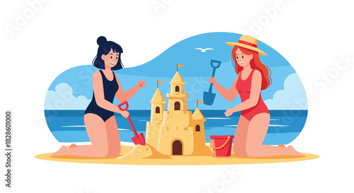 Two women building a sandcastle on the beach with blue sky and ocean in the background.