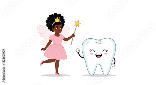 A charming illustration of the tooth fairy with a happy tooth, ideal for dental health and children's content purposes.