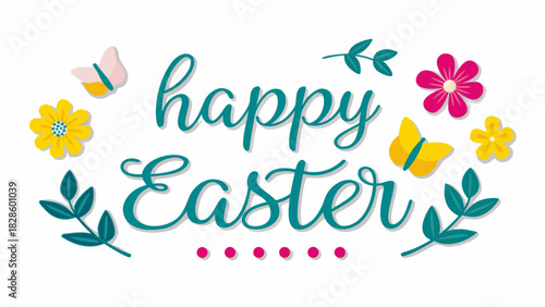 A cheerful and vibrant happy easter greeting adorned with colorful flowers playful butterflies and delicate foliage on a clean white background