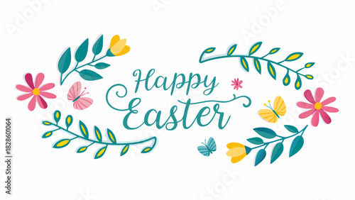 Happy easter greeting card with whimsical floral and butterfly decorations in a festive and cheerful design