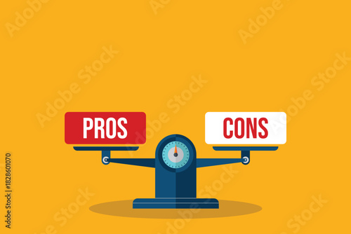 Pros and cons. The words pros and cons balanced on a seesaw. Comparing positive advantages or negative disadvantages	