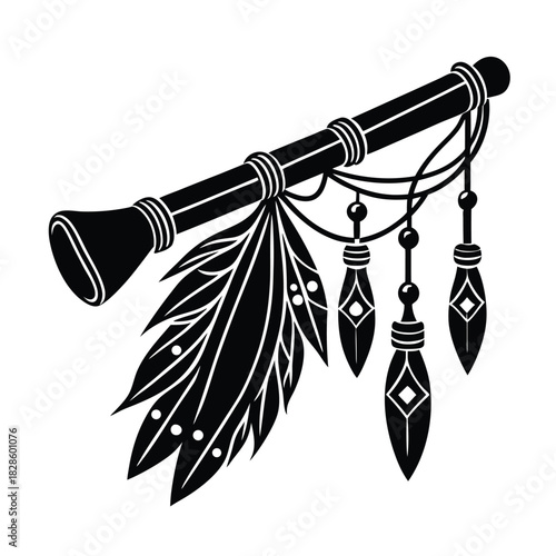 Black silhouette of a flute with feathers and charms