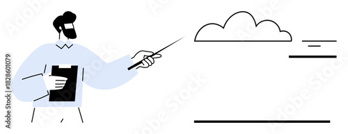Business presentation. Professional communicates ideas using a pointer and cloud symbol to depict data or ideas. Business presentation supports education, cloud computing, technology, project