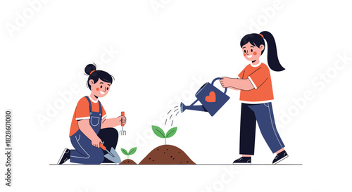 Two girls gardening together, planting and watering young plants in the soil on a white background.
