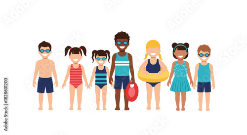 A group of diverse children in swimsuits and goggles are ready for the pool and summer fun.