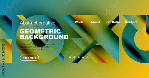 Abstract geometric background design. Vibrant colors, gradients, text elements present. Modern aesthetic suitable for website header.