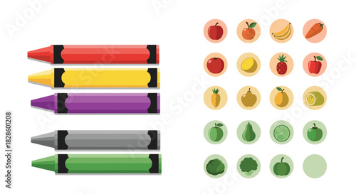 Colorful crayons with fruit and vegetable illustrations for educational or creative projects, depicting healthy eating and artistic concepts.