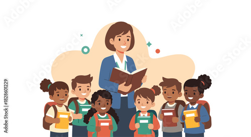 A teacher reading a book to a group of smiling elementary school students in a classroom setting, promoting education and learning.