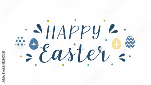 Festive happy easter greeting with decorative eggs and playful confetti in a charming blue and yellow color palette