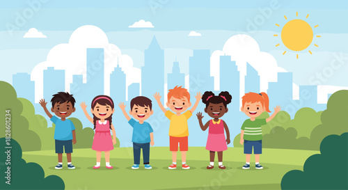 Diverse group of children waving outdoors in front of a cityscape, representing community and friendship.