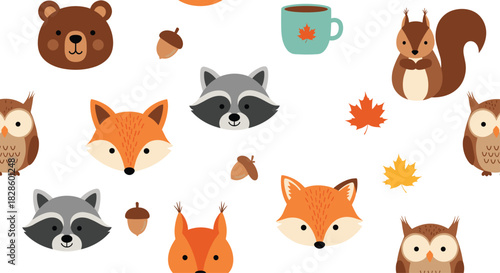 A charming autumn-themed pattern featuring woodland animals, acorns, maple leaves, and a cozy mug against a white background.