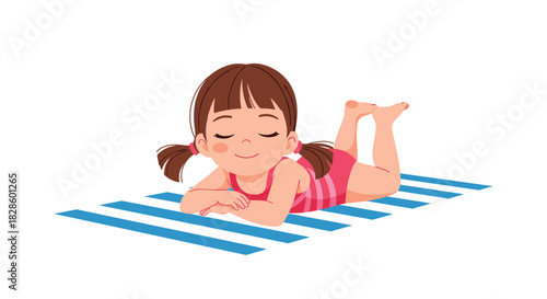A young girl sunbathing on a blue and white striped beach towel, enjoying the summer heat and relaxation.