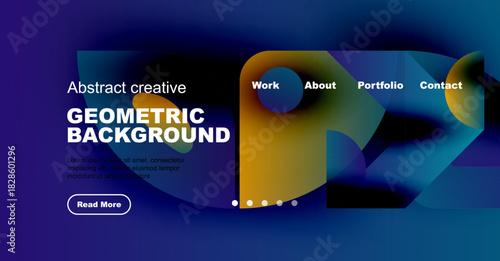 Modern website template. Abstract shapes, dark blue hues, white text. Navigation menu present, simple design.