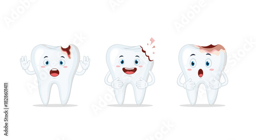 Cartoon teeth showing stages of decay, highlighting oral hygiene and dental health concepts for educational purposes, healthcare themes, and children's content.