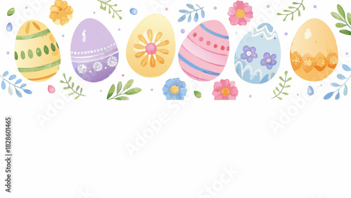 A delightful watercolor border features an assortment of vibrantly decorated easter eggs delicate flowers and lush green foliage against a clean white background